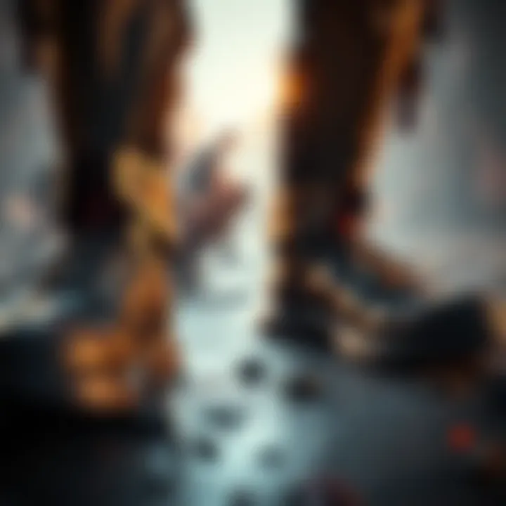 A close-up shot of Adam Jensen's feet in Mankind Divided, showcasing his detailed boots and stance in a dramatic scene
