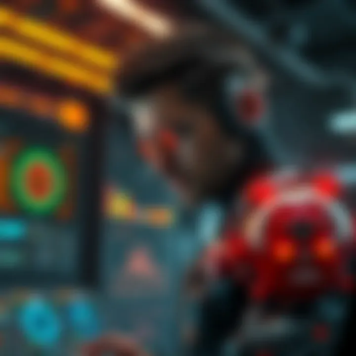 Adam Jensen managing neuropozine Adam Jensen in a futuristic setting, focused on managing neuropozine levels, with visual indicators showing his augmentations and health status