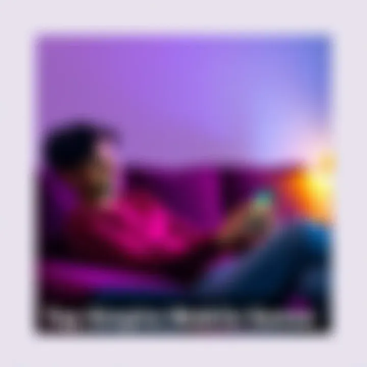 A person playing a mobile game with colorful graphics on a couch, looking relaxed and entertained.