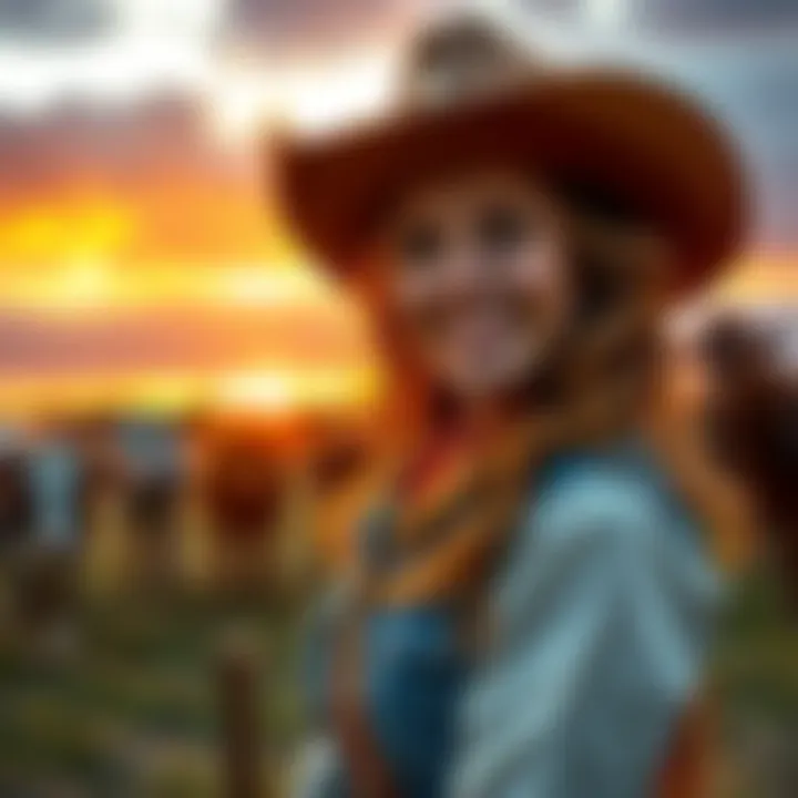 Adept Kate in cowboy attire smiles while standing on a ranch with cattle and the sunset behind her.