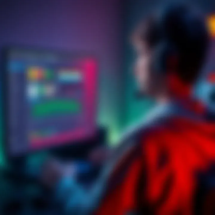 A gamer sits at a computer, adjusting audio settings on a screen while looking focused. Several game files and audio sliders are visible on the monitor.