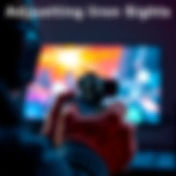 Adjusting Iron Sights A player adjusts the iron sights on a gaming controller, focusing on the screen for better accuracy.