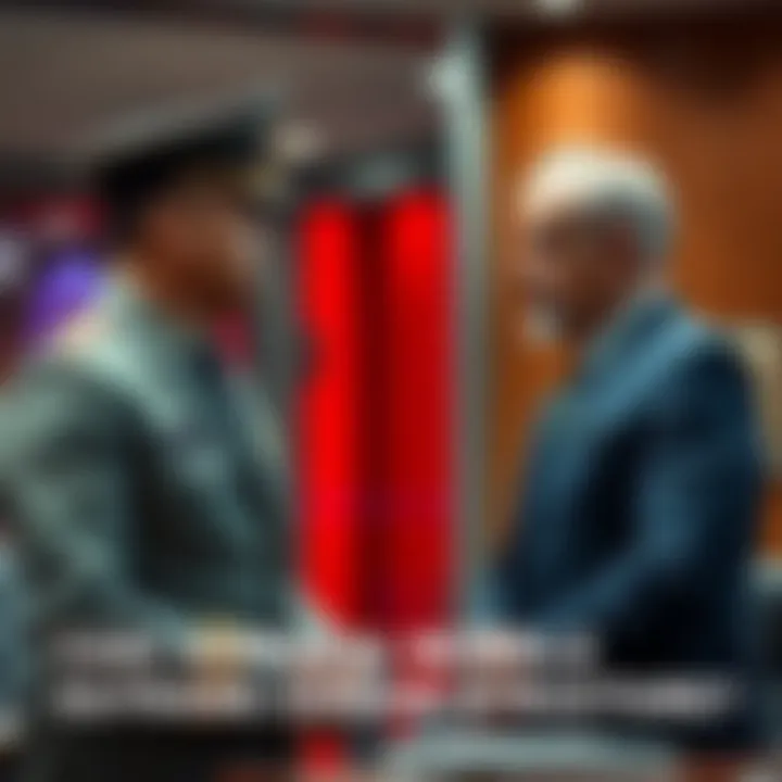 Admiral Morales, dressed in a military uniform, talks with Osman in an office setting, displaying a tense power dynamic.