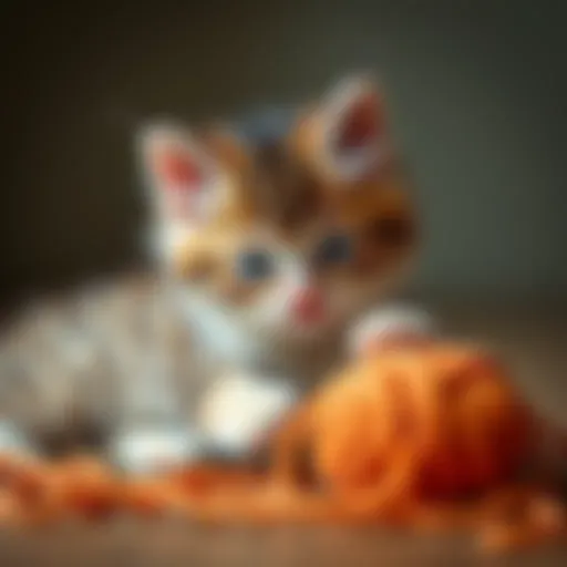 A fluffy Parabolan kitten playing with a ball of yarn, ready for adoption