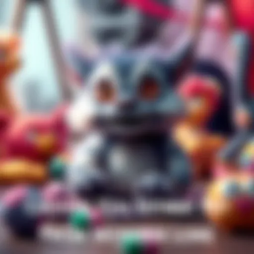 A cute, small monster with fluffy fur and bright eyes, playfully sitting with a leash, surrounded by colorful toys.