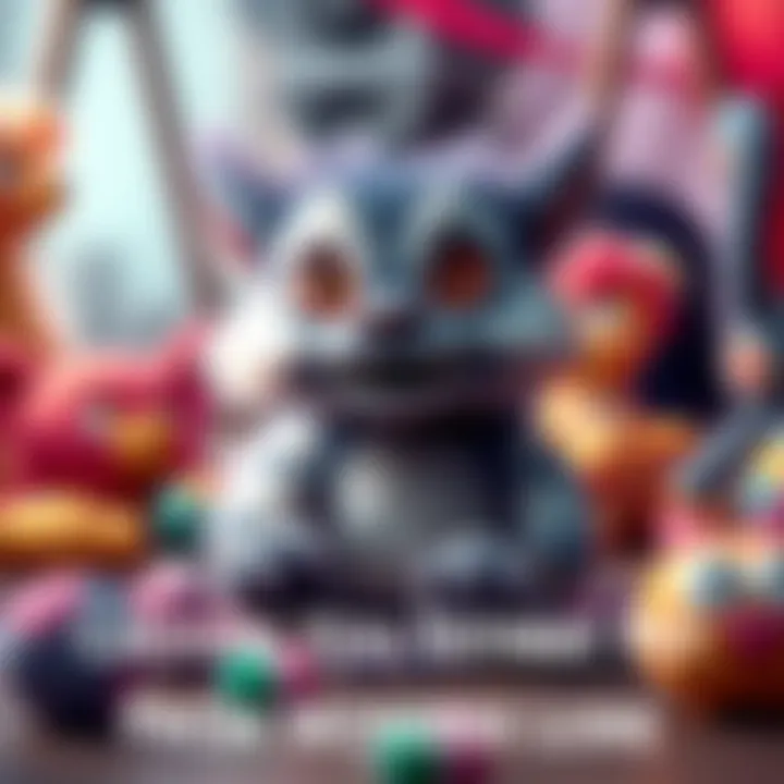 A cute, small monster with fluffy fur and bright eyes, playfully sitting with a leash, surrounded by colorful toys.