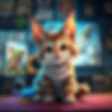 A fluffy Palico with big ears and a happy expression sits playfully in a gaming setup, surrounded by colorful game posters and accessories.