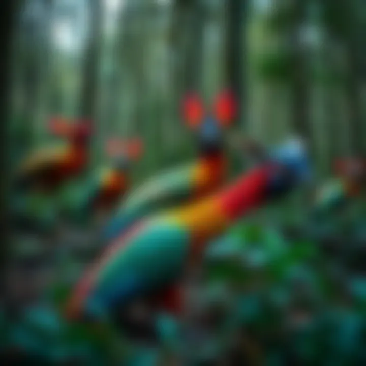 Several adult arkvelds displaying vibrant colors and unique features in a dense forest setting