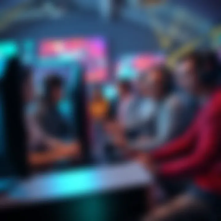 Group of adult gamers chatting online A diverse group of adults sitting in front of computers, engaging in a gaming session on Discord, showcasing a friendly gaming atmosphere.