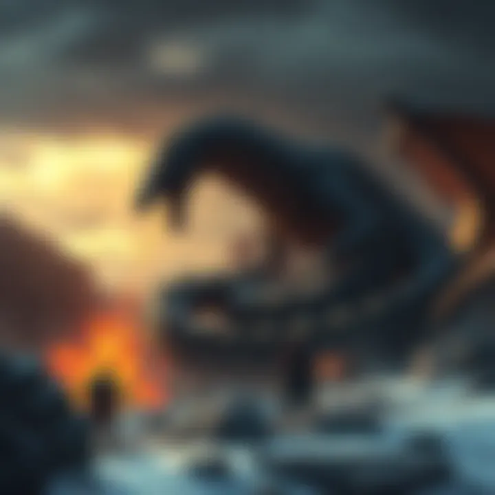 An imposing adult Dalamadur coiled around a rocky terrain, breathing fire under a stormy sky, while players gather nearby, preparing for battle.