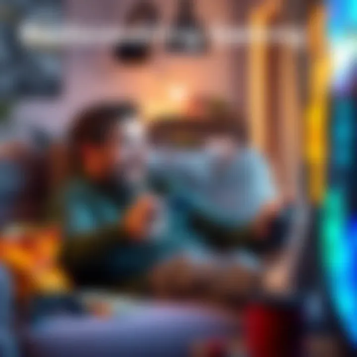 Adult enjoying video game A person smiling while playing a video game on a couch, surrounded by snacks and game controllers.