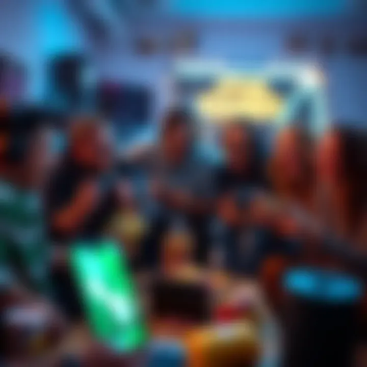 Group of adult gamers excitedly sharing their favorite game finds during a Steam sale, surrounded by gaming gear and snacks.