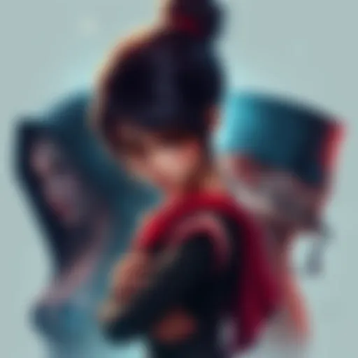 A creative illustration showcasing characters from an adult-themed video game, highlighting complex emotions and storytelling.