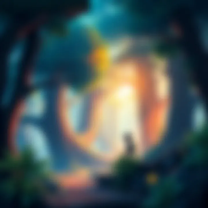 A character exploring a vibrant forest with hidden secrets, surrounded by lush trees and glowing elements.