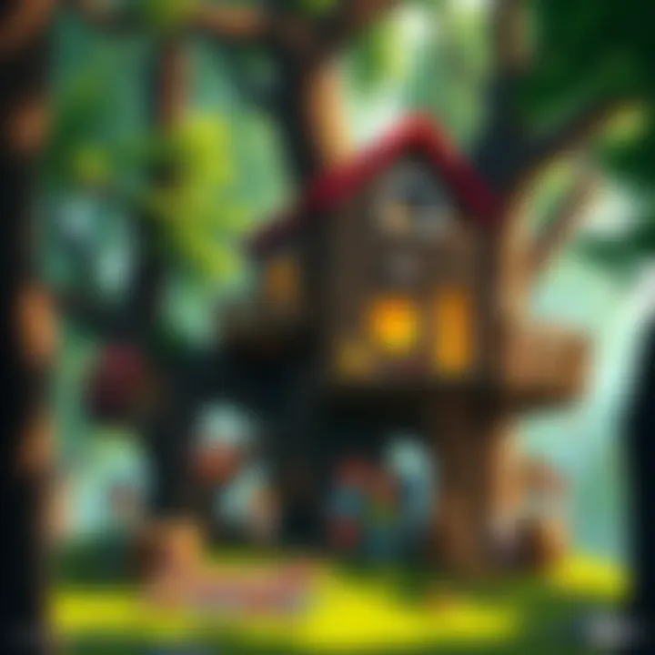 A group of people working together to build a treehouse inspired by Adventure Time, with trees and tools around them.