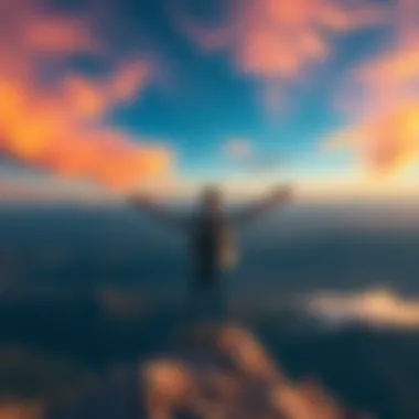 A person standing on a mountain peak, looking at vast horizons with arms open wide, symbolizing freedom and adventure.