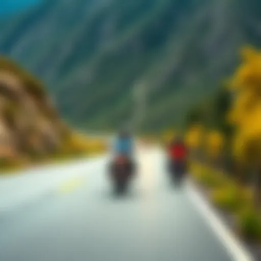 A group of cyclists and motorcyclists riding along a beautiful road surrounded by nature