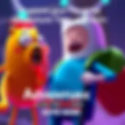 Colorful characters from Adventure Time, featuring Finn and Jake, inviting fans to vote on their favorite skins.