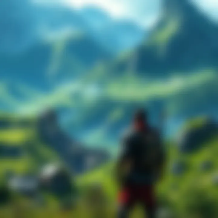 A character dressed in armor explores a lush green landscape filled with mountains and ancient ruins, evoking a sense of adventure.