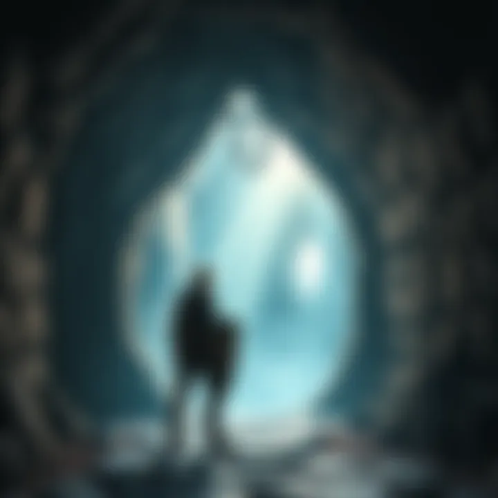 A lone adventurer standing at the entrance of a dimly lit dungeon, holding a sword and shield, ready to embark on a solo quest.