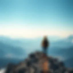 A person standing on a mountain peak with a backpack, looking at a vast landscape, symbolizing the excitement of a first expedition.