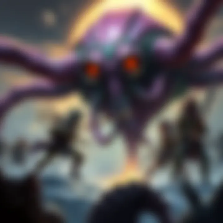 A group of five level 6 adventurers, including a Kalashtar cleric, half-elven ranger rogue, Goliath druid, Tiefling paladin, and Dragonborn artificer, strategizing against a floating Beholder with its...
