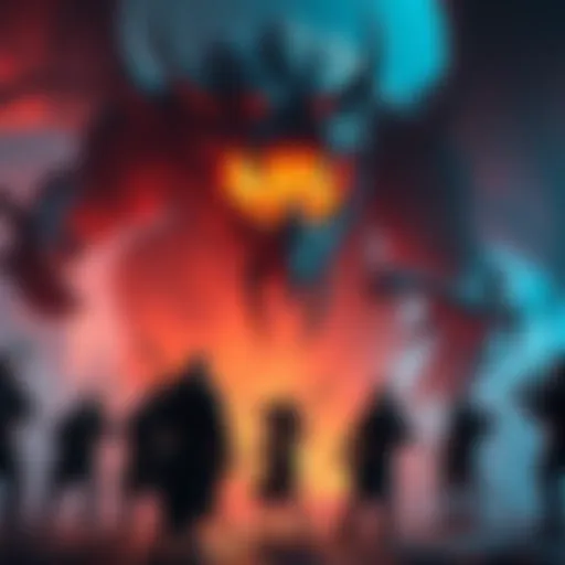 A group of tabletop role-playing gamers confronted by a massive, intimidating monster in a fantasy setting, with vivid colors and dramatic lighting.