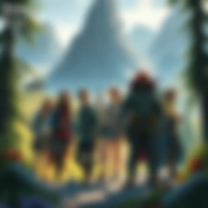 A group of diverse characters stands together in a lush, colorful landscape, showcasing their unique outfits and gear, ready for an adventure.