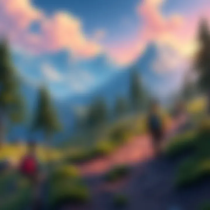 A group of characters traveling through a virtual landscape with trees and mountains, reminiscent of wilderness journeys in classic games.