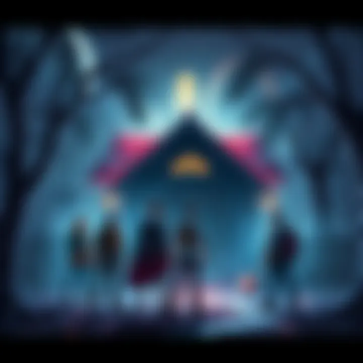 Adventurers outside a suspicious house A group of adventurers stands cautiously outside a strange house, debating whether to enter. They look concerned and ready for battle.