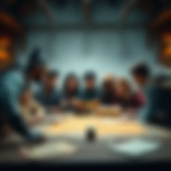 A diverse group of adventurers discussing their quest motivations around a table with maps and scrolls