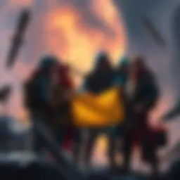 A group of fantasy adventurers discussing strategy while some members are looking at a map and others gather supplies, showing temporary separation for a campaign