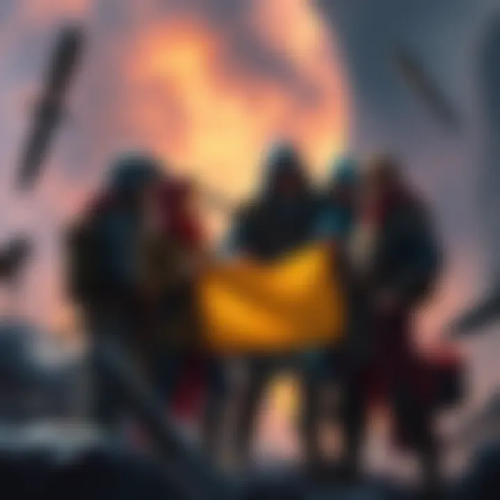 A group of fantasy adventurers discussing strategy while some members are looking at a map and others gather supplies, showing temporary separation for a campaign