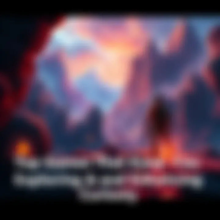 Adventurous gaming scene A colorful landscape showing a character exploring a fantasy world with mountains and hidden items around them