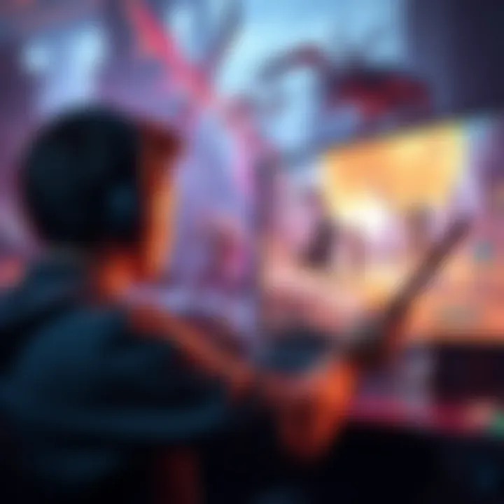 A gamer immersed in an RPG game, with vibrant graphics and fantasy elements on the screen, showcasing intense action and exploration.