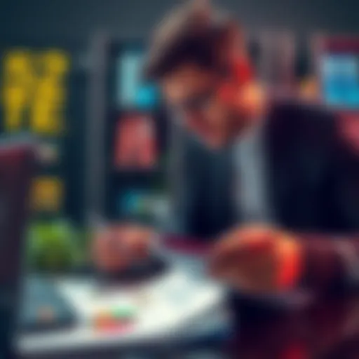 A business person analyzing advertising budgets with a calculator and notepad, looking for ways to save money on ads.