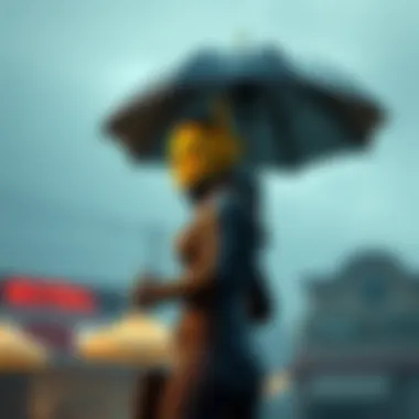 Aegis character holding a unique umbrella, resembling Fallout 4's Nick Valentine