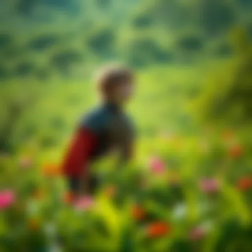 A young man named Aengus stands in a vibrant green field, surrounded by blooming flowers and trees, looking thoughtfully into the distance.