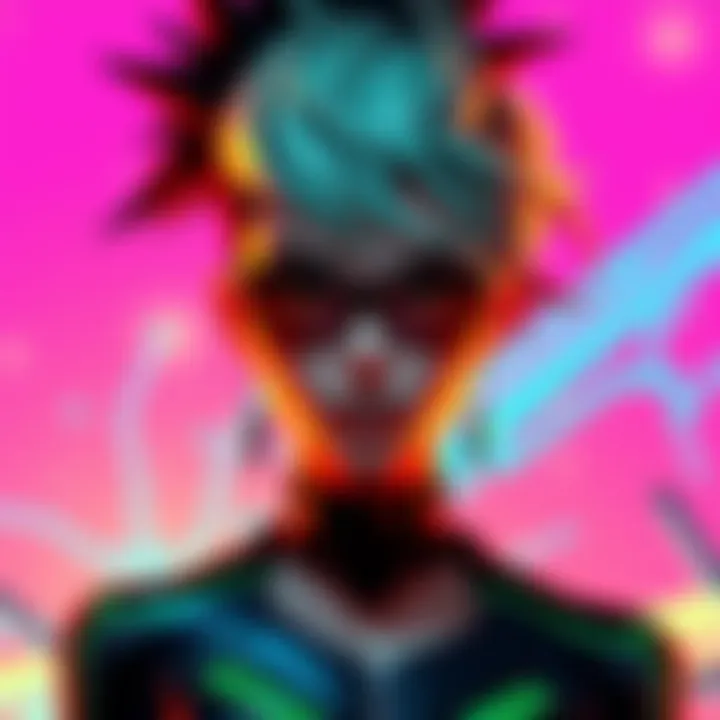 A character from Aeon Flux, featuring a unique outfit and striking hairstyle against a vivid background.