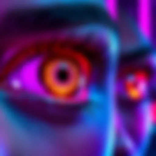 A close-up view of colorful cyberpunk-inspired eye modifications featuring bright lights and intricate designs