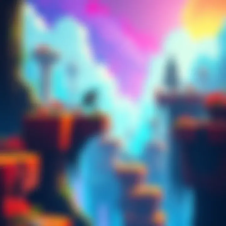 A character jumping across colorful platforms in a vibrant biome with dynamic backgrounds in Aeterna Noctis