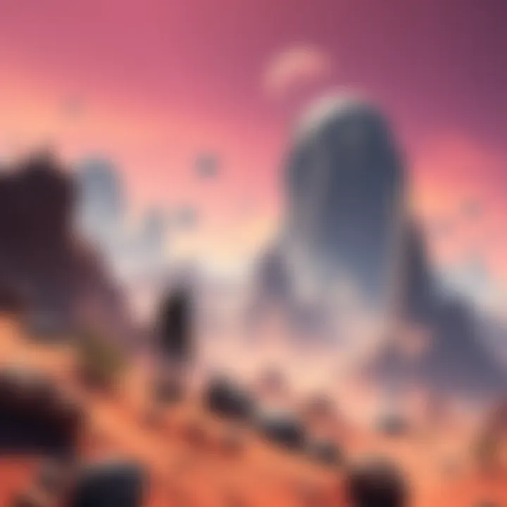 Character exploring alien planet A player character on an alien planet, mining resources and building a base in a vibrant sci-fi environment