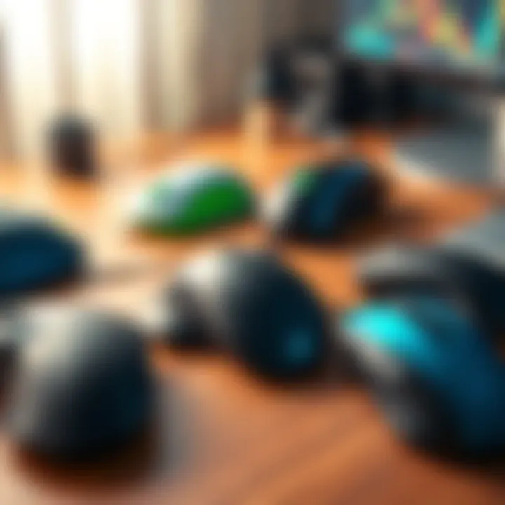 A selection of budget-friendly computer mice on a table showing various designs and colors