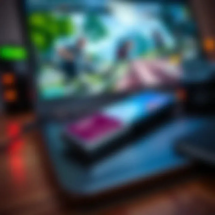 A close-up of a budget SSD placed next to a gaming laptop, with game graphics displayed on the screen