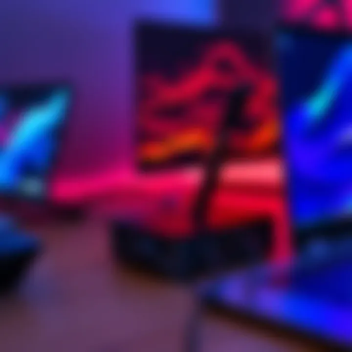 A sleek dock station with HDMI, USB, and Ethernet ports connected to a gaming laptop and monitor, showcasing a vibrant gaming setup.