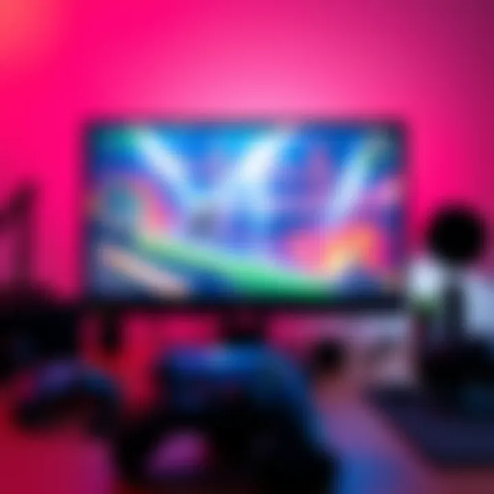 A budget-friendly computer monitor displaying a vibrant game scene, surrounded by gaming accessories like a controller and headset.