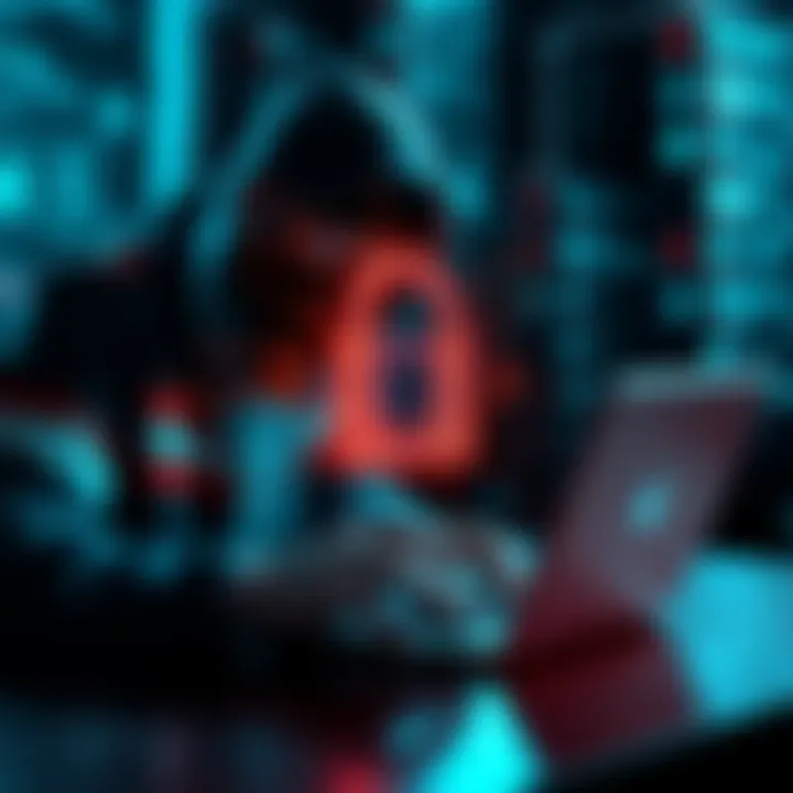 A hacker using a laptop to access the EU's age verification app, with a digital lock overlay representing security flaws.