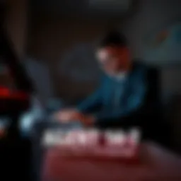 Agent 14-7 in Action Agent 14-7 engaged in a covert operation, using a laptop in a dimly lit room filled with maps and documents.