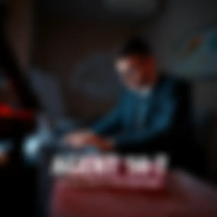 Agent 14-7 in Action Agent 14-7 engaged in a covert operation, using a laptop in a dimly lit room filled with maps and documents.