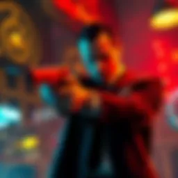 Agent 47 aiming at Malcolm Sturrock Agent 47 in a dark suit aiming a gun at Malcolm Sturrock, a Scottish crime lord, in a tense moment during the Meat King’s Party level.